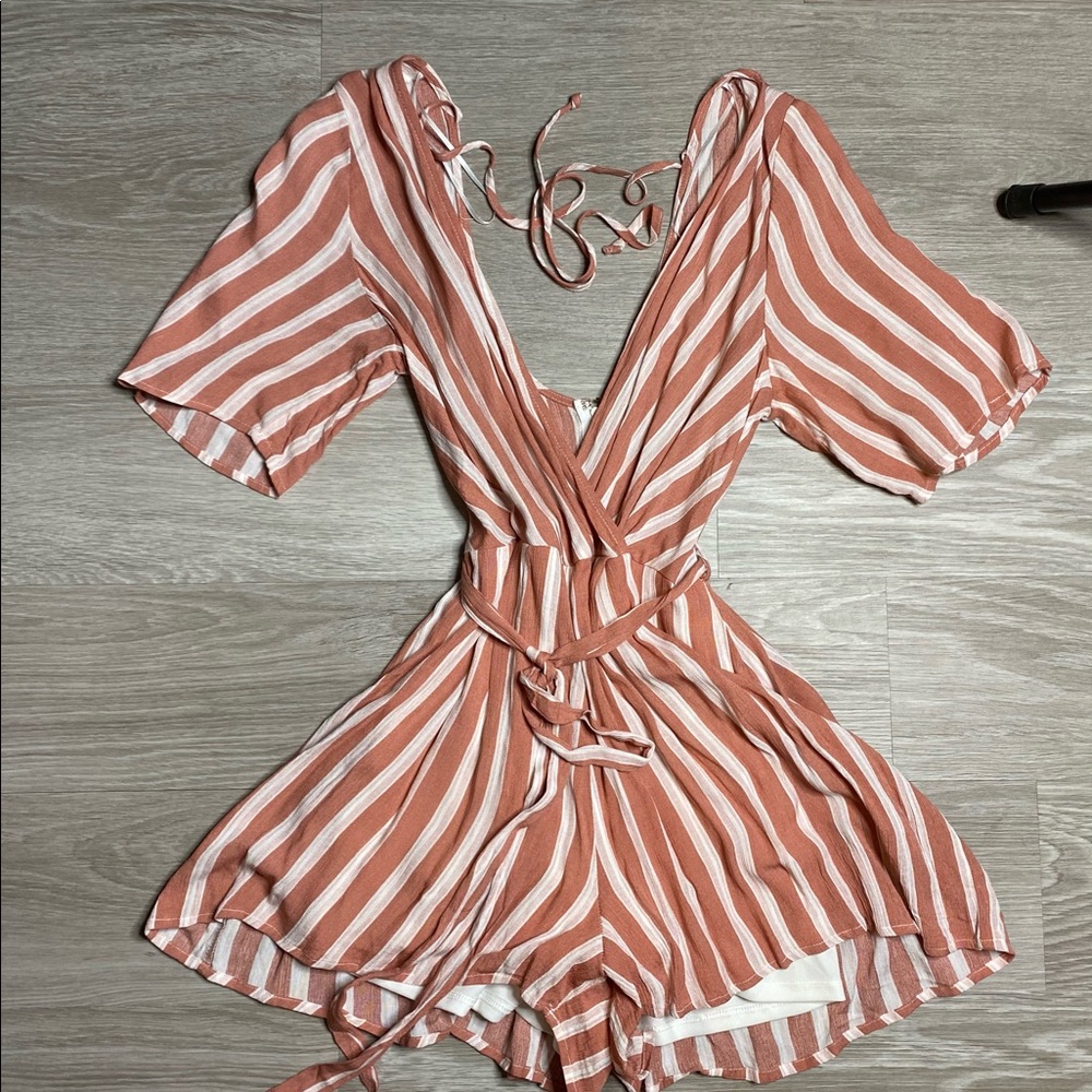 Blue Rain Peach and White Stripped Romper NWT